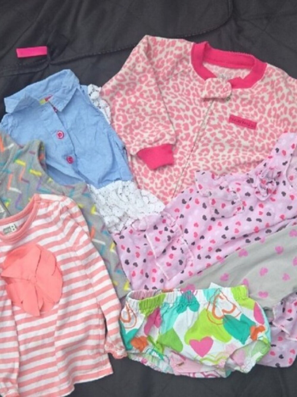Lot of 7 pieces of girls clothes, tops, dresses, and bottoms.